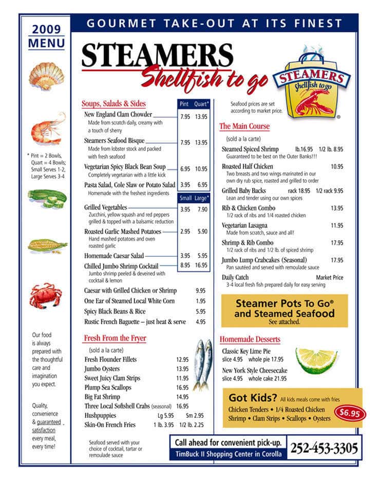 Steamers Menu, Menu for Steamers, Corolla, Corolla Urbanspoon/Zomato
