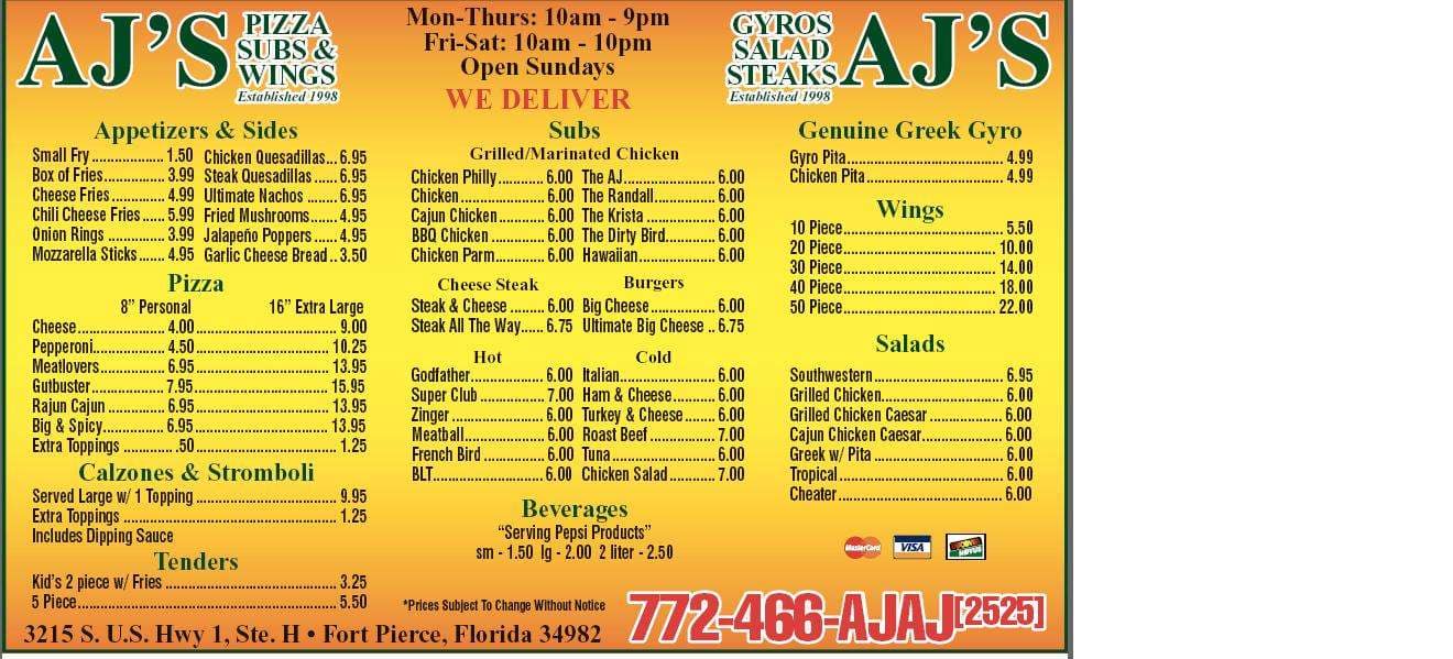 AJ's Pizza Subs & Wings Menu Urbanspoon/Zomato