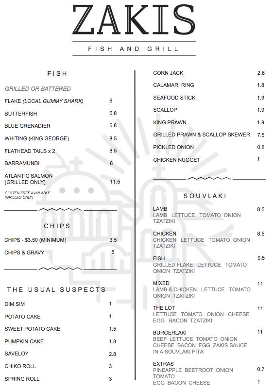 Zakis Fish Grill Menu Menu For Zakis Fish Grill Newtown Geelong