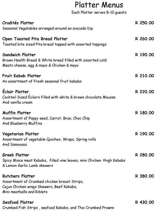 Menu at Cradle Moon Lakeside Game Lodge restaurant, Roodepoort