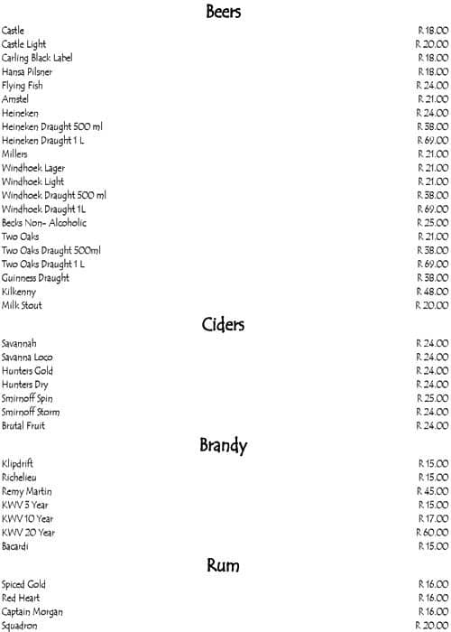 Menu at Cradle Moon Lakeside Game Lodge restaurant, Roodepoort