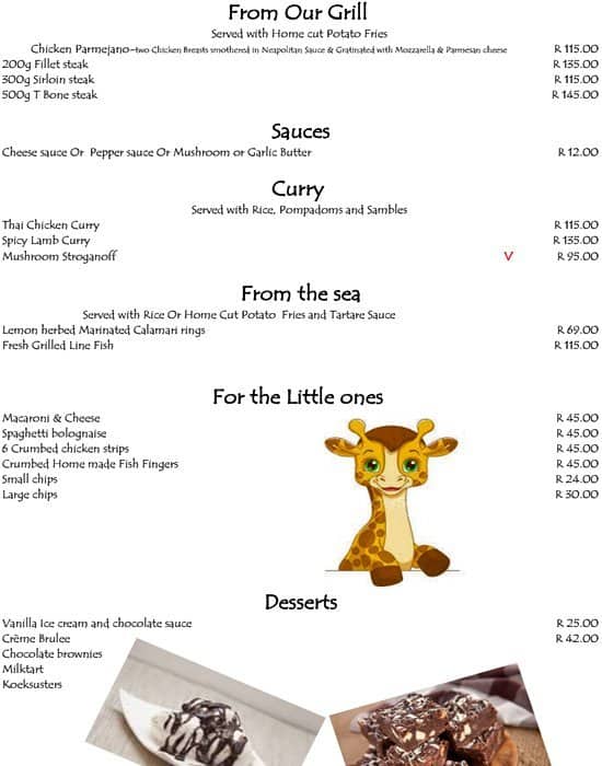 Menu at Cradle Moon Lakeside Game Lodge restaurant, Roodepoort