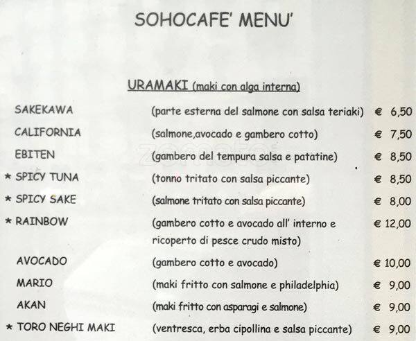 Menu di Soho Café 
