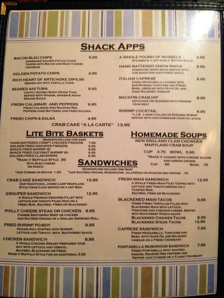 Menu at Turtle Shack Cafe, Flagler Beach