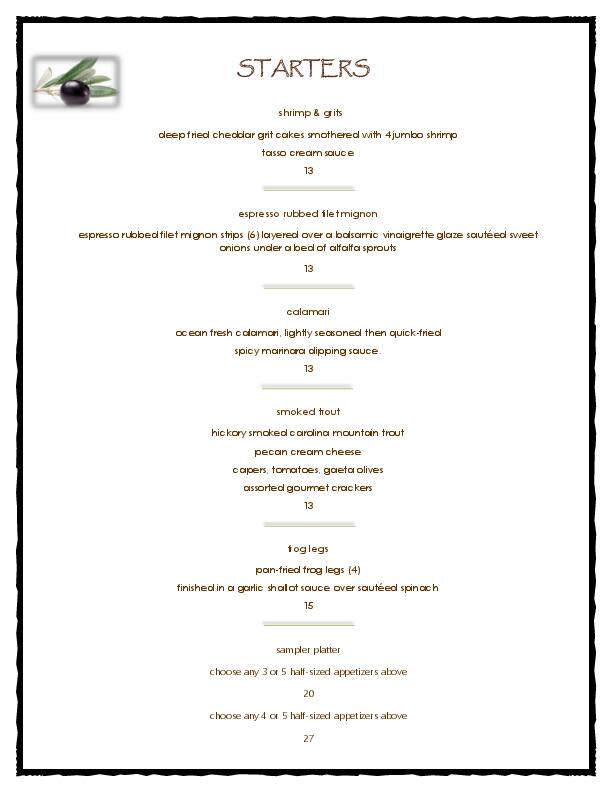 Menu at Brown Trout Mountain Grille restaurant, Lake Toxaway, 188 US64