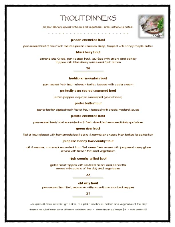 Menu at Brown Trout Mountain Grille restaurant, Lake Toxaway, 188 US64