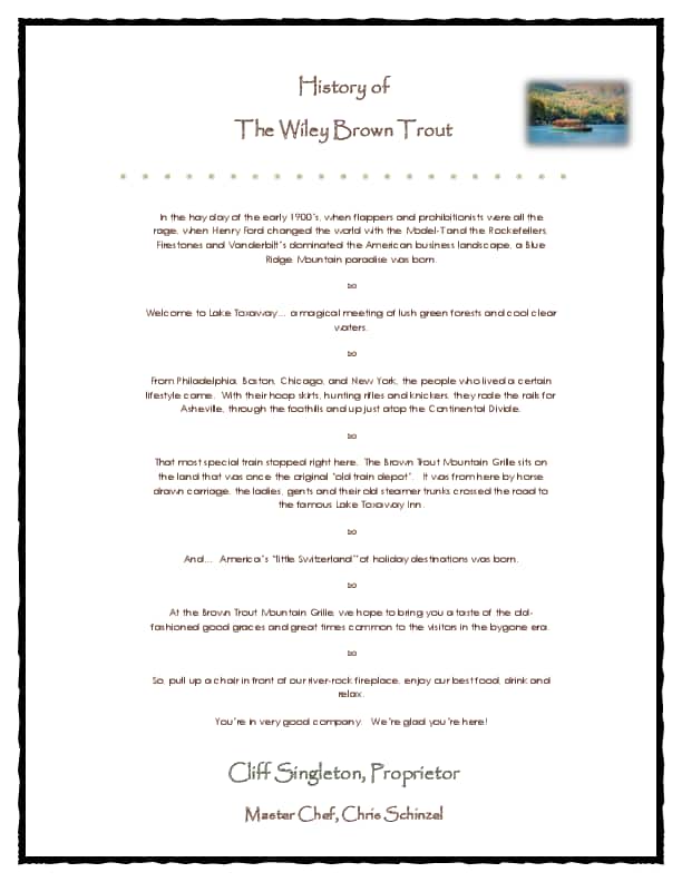 Menu at Brown Trout Mountain Grille restaurant, Lake Toxaway, 188 US64