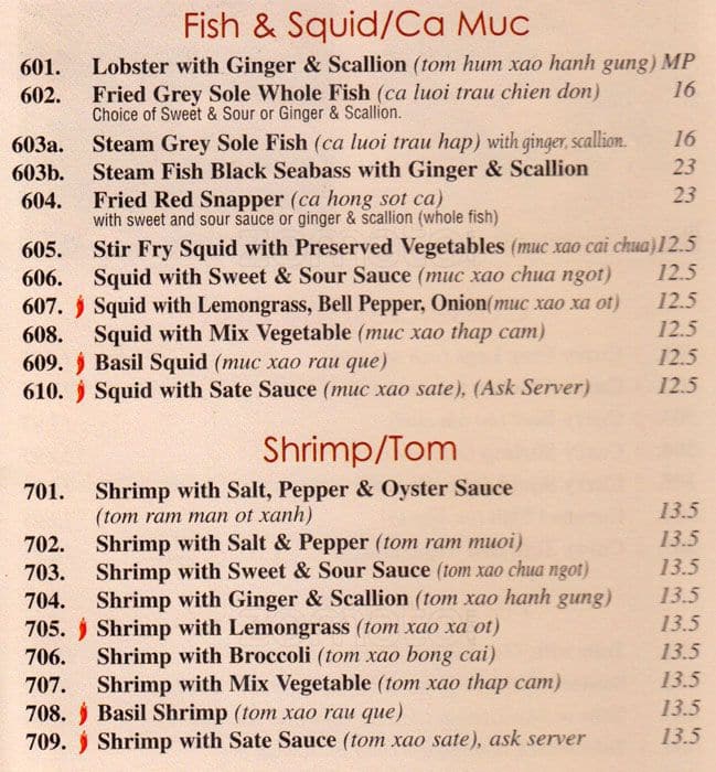 Menu at Hanoi restaurant, New York City