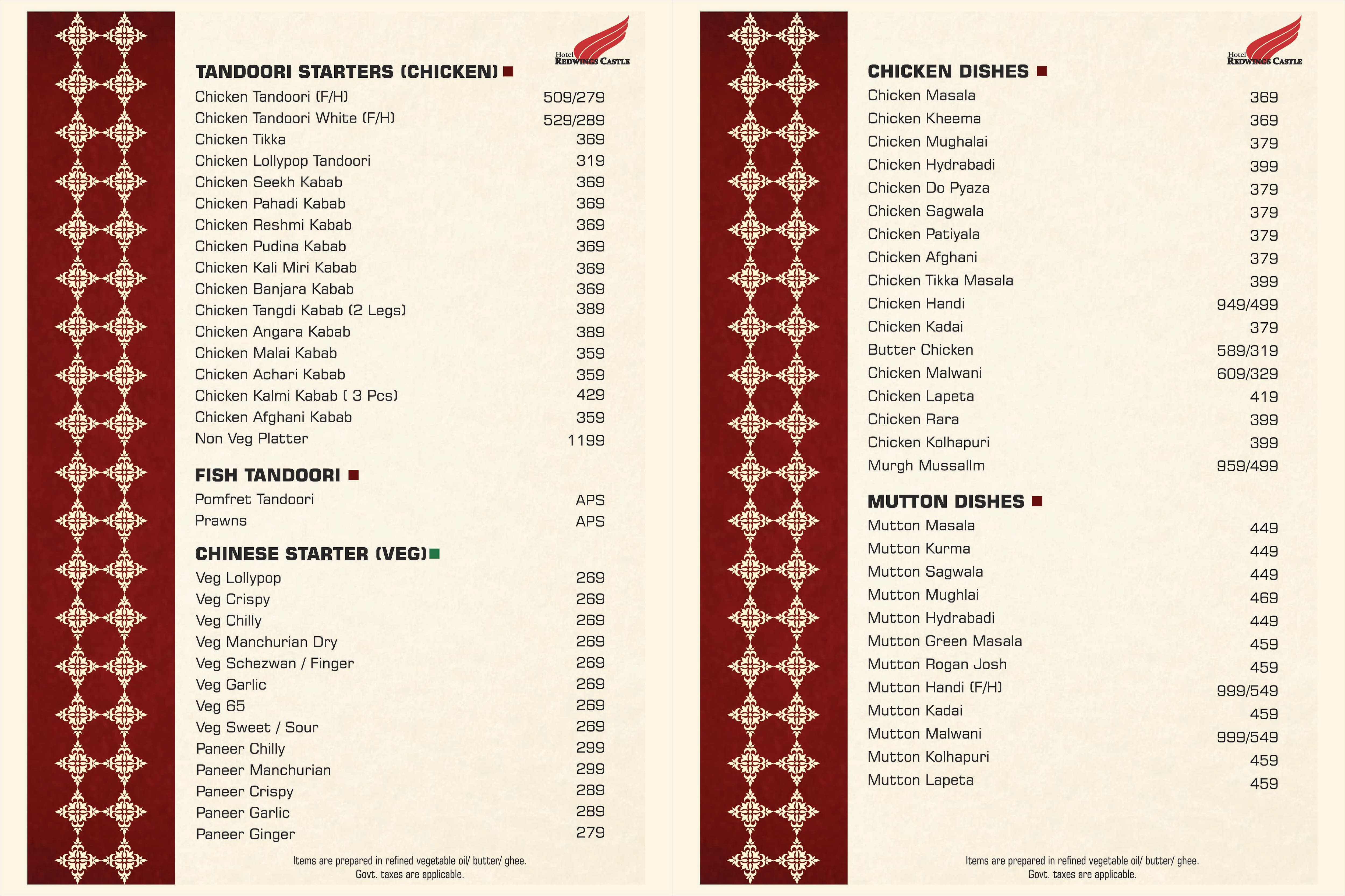 Menu of Hotel Redwings Castle, New Panvel, Navi Mumbai