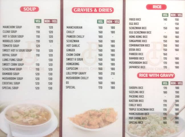 Pravin Chinese Bcabin menu