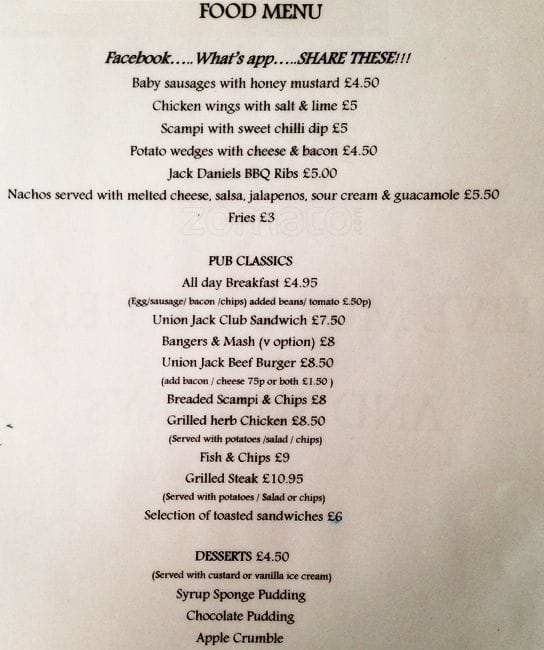 Menu at Union Jack pub & bar, London, 225 Union Street