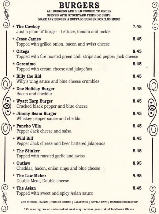 Denver Stockyard Saloon - The Yard Bar menu