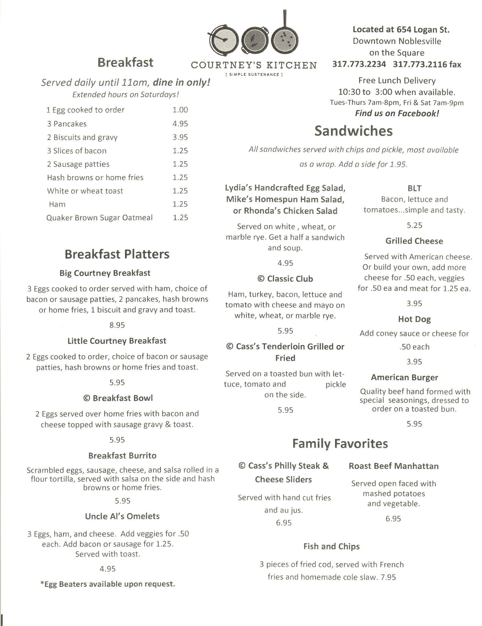 Menu at Courtney's Kitchen restaurant, Noblesville, 654 Logan St