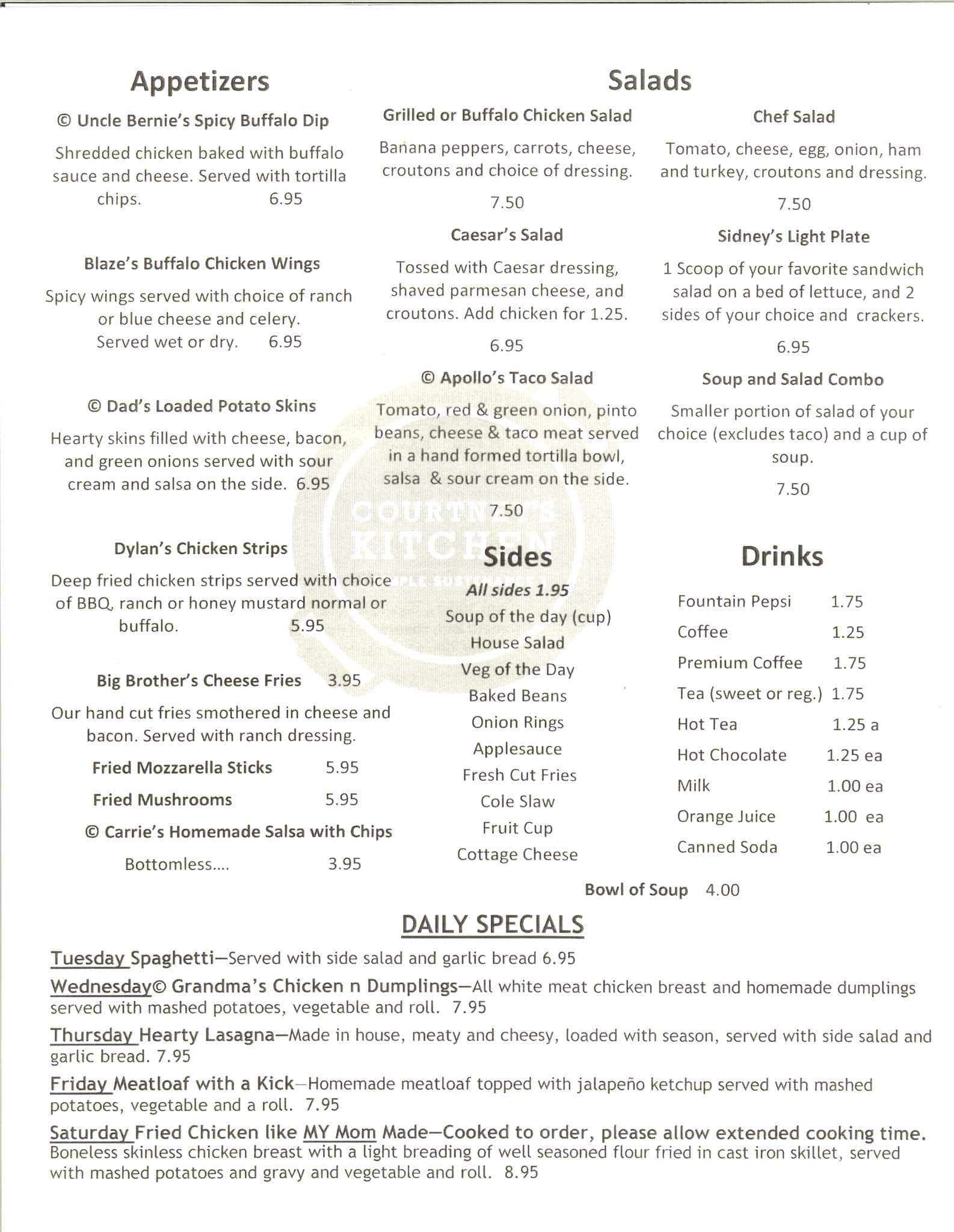 Menu at Courtney's Kitchen restaurant, Noblesville, 654 Logan St