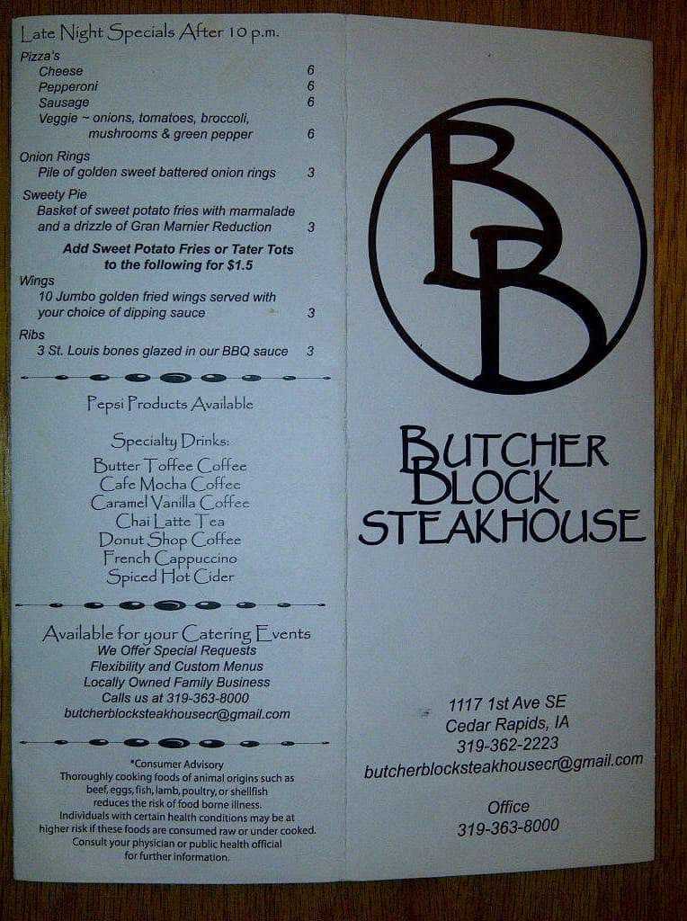 Butcher Block Steakhouse Menu, Menu for Butcher Block Steakhouse, Cedar