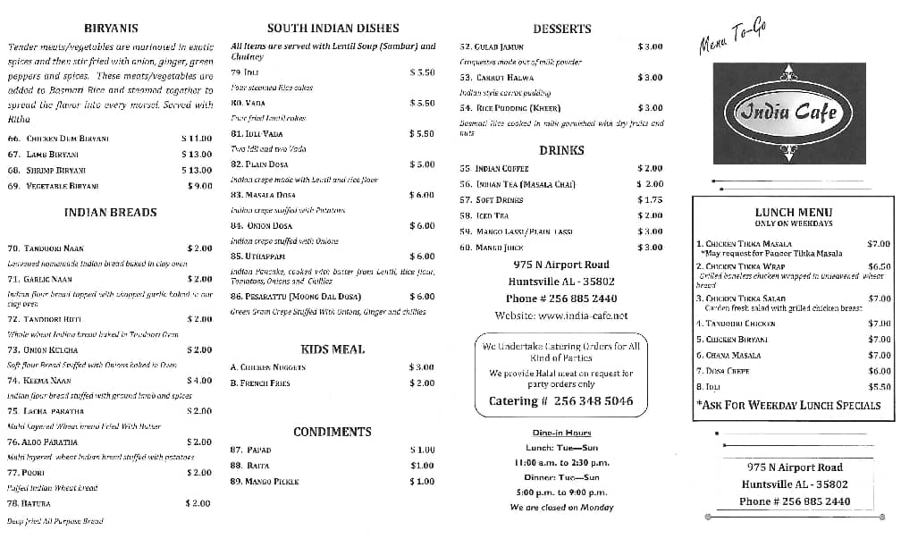 India Cafe Menu, Menu for India Cafe, Huntsville, Huntsville Urbanspoon/Zomato