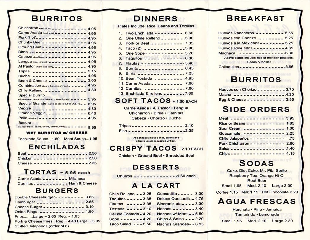 Menu at Amapola Rico Taco restaurant, San Bernardino, Tippecanoe Ave