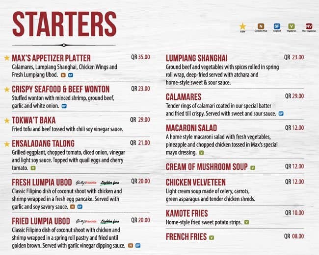 Max's Restaurant Menu, Menu for Max's Restaurant, Al Sadd, Doha