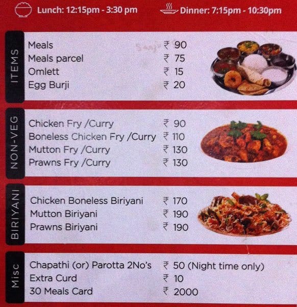 Kalpana Andhra Mess Menu, Menu for Kalpana Andhra Mess, Sholinganallur