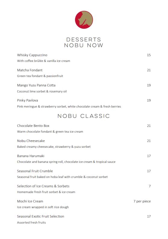 Menu at Nobu restaurant, Southbank, Crown Riverwalk