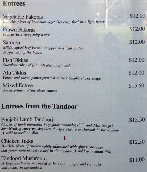 Menu at Jasmin restaurant, Adelaide