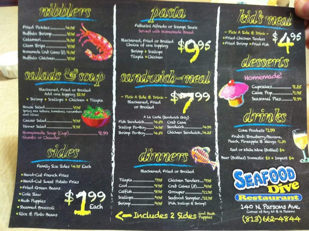 The Seafood Dive Menu, Menu for The Seafood Dive, Brandon / Valrico