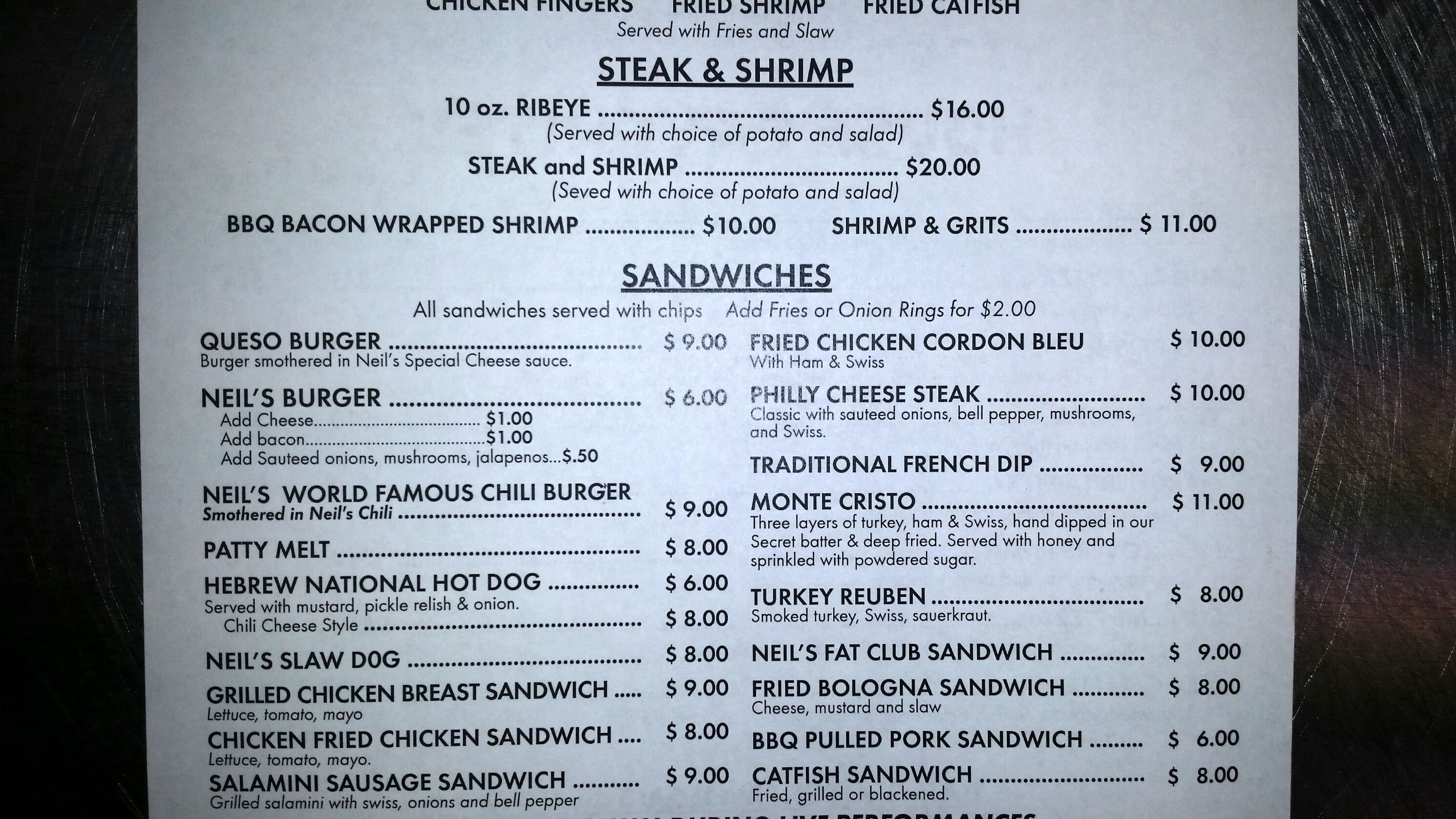 Menu at Neil's pub & bar, Memphis, Quince Rd