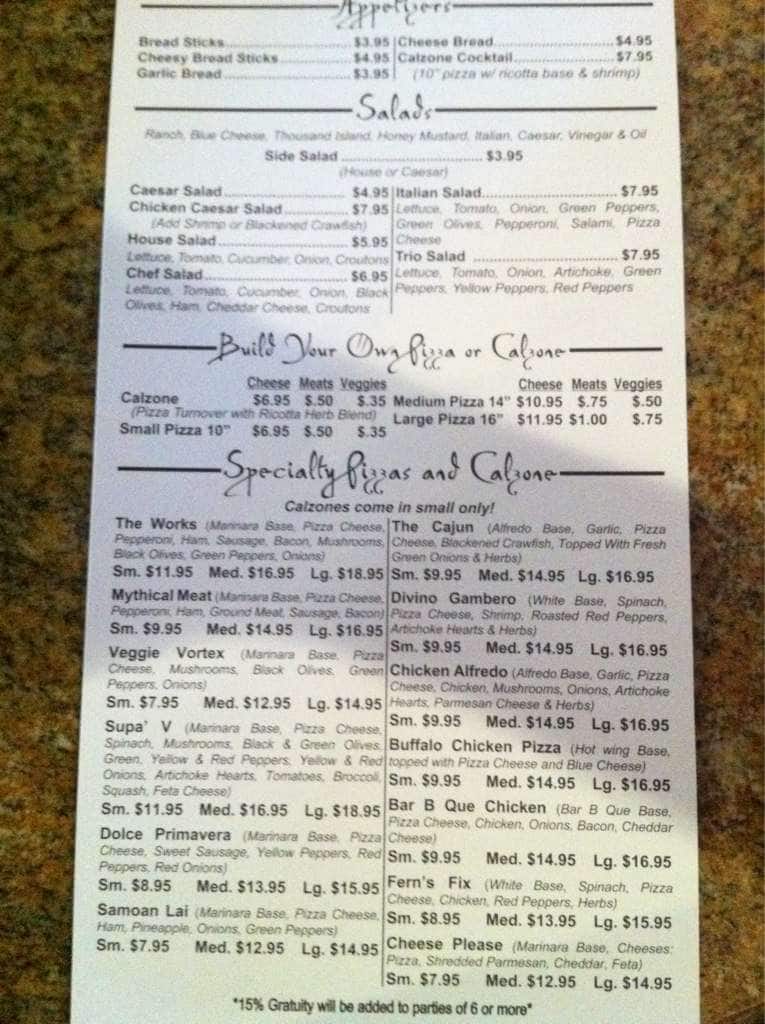 Menu at Uncle Johnny's restaurant, Plaquemine