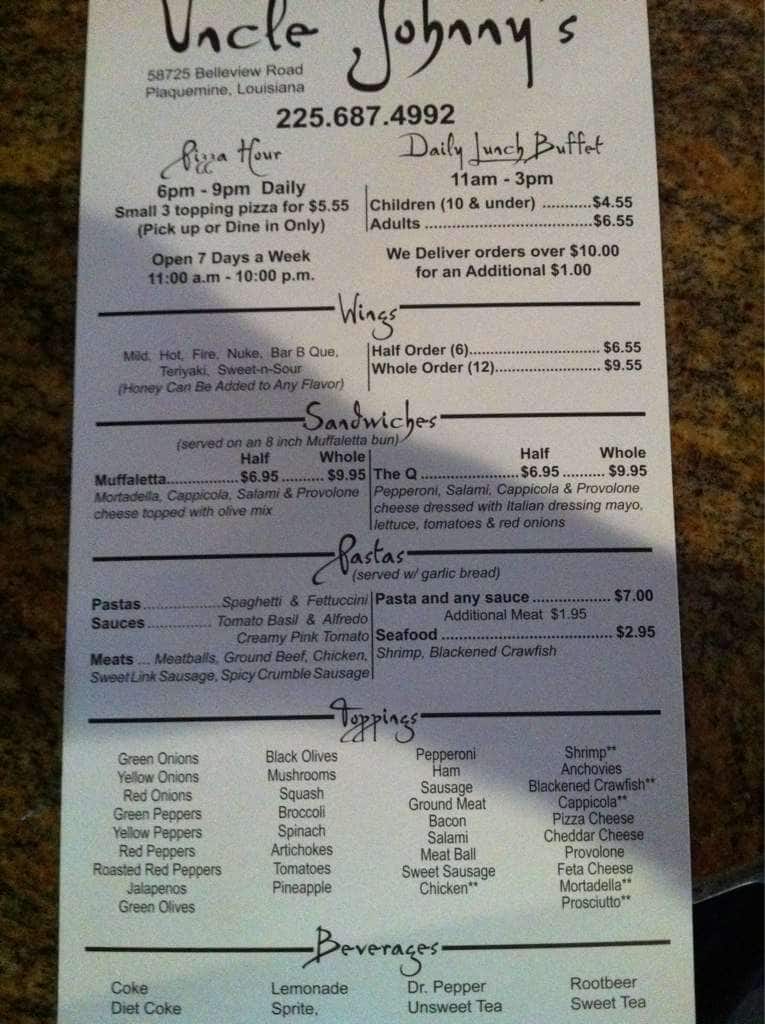Uncle Johnny's Menu, Menu podniku Uncle Johnny's, Plaquemine, Baton