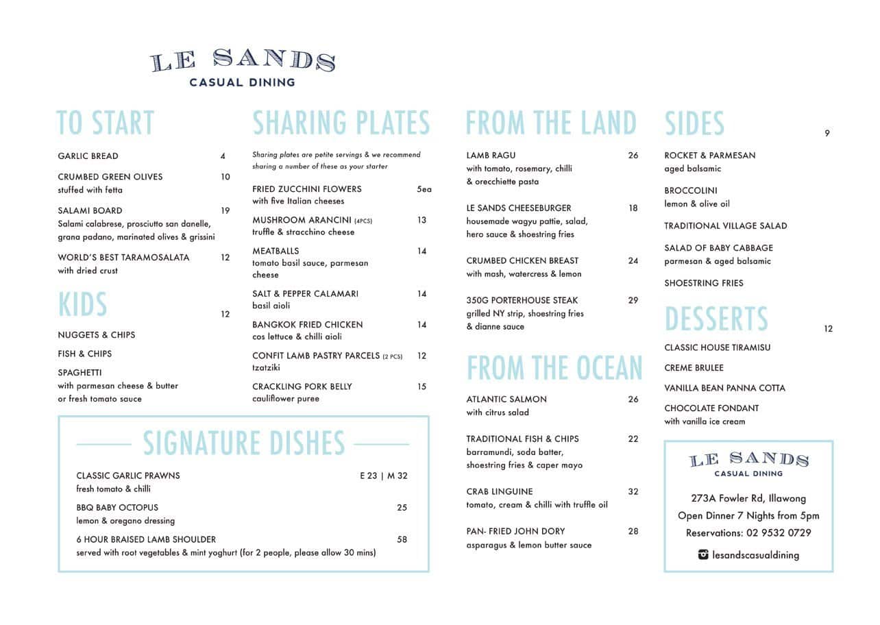 Le Sands Casual Dining Menu, Menu for Le Sands Casual Dining, Illawong