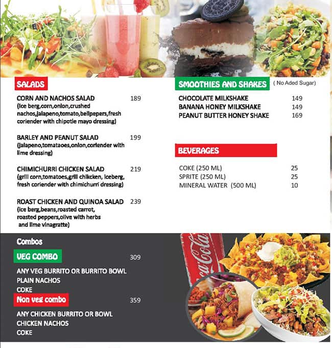 Menu at Burrito factory, Mumbai, 16th Rd