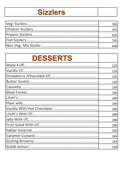 Satkar Family Restaurant & Bar menu