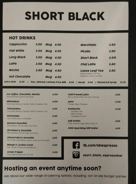 Menu at Short Black Espresso Bar, Penshurst