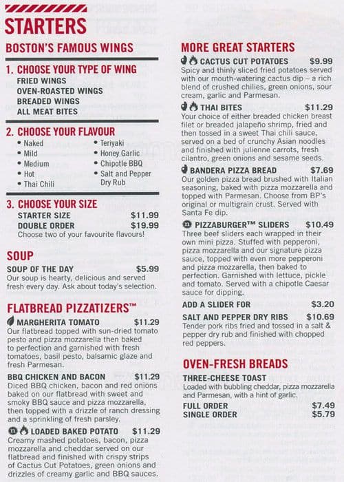 Boston Pizza Menu, Menu for Boston Pizza, Lower Capilano