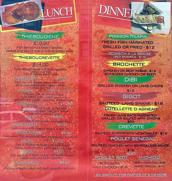 Menu at Kilimandjaro/youma restaurant, Philadelphia