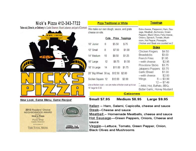 Nick's Pizza Menu, Menu for Nick's Pizza, Mt Lebanon, Pittsburgh