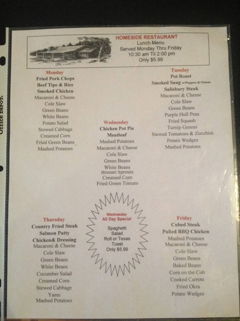 Homeside Restaurant Menu For Florence Homeside Restaurant Florence Menu
