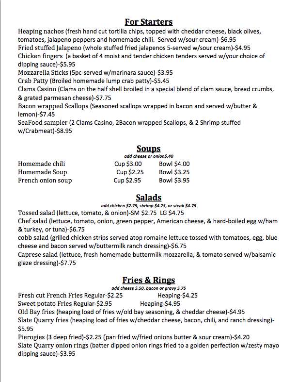 Menu at Slate Quarry Hotel pub & bar, Nazareth