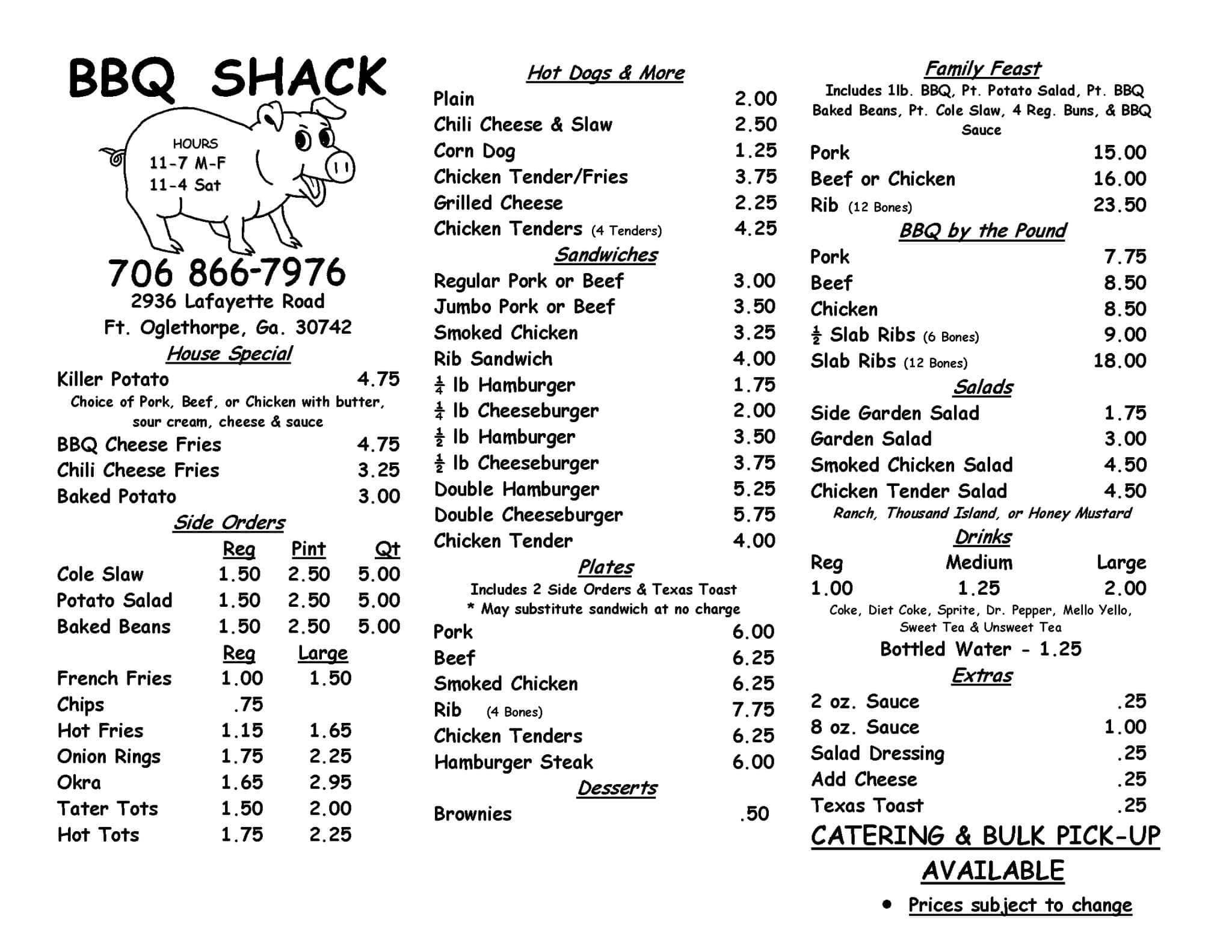 BBQ Shack Menu, Menu for BBQ Shack, Fort Oglethorpe, Dalton