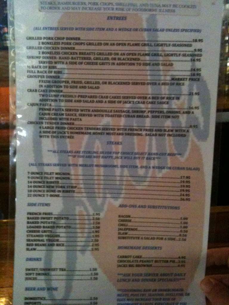 Menu at Jacks steakhouse, Hoschton, GA Hwy 211 105