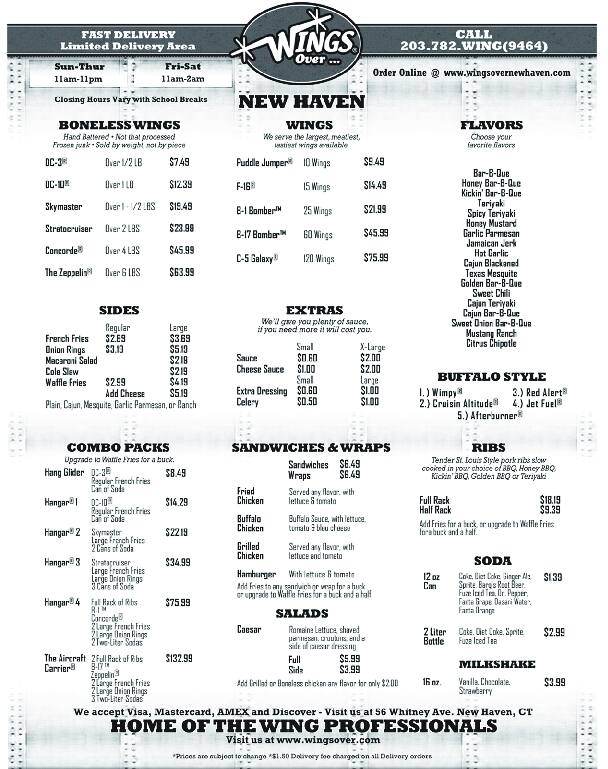 Wings Over New Haven Menu, Menu for Wings Over New Haven, New Haven