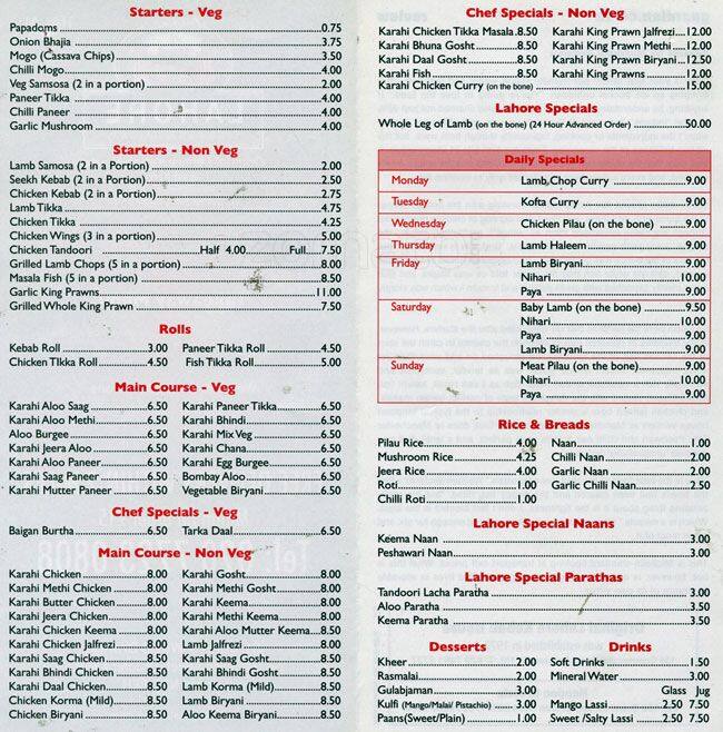 Lahore Restaurant Menu, Menu for Lahore Restaurant, Marylebone, London ...