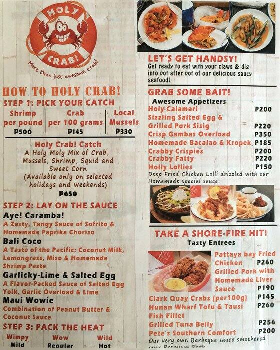 Holy Crab! Menu, Menu for Holy Crab!, Mall of Asia Complex (MOA), Pasay
