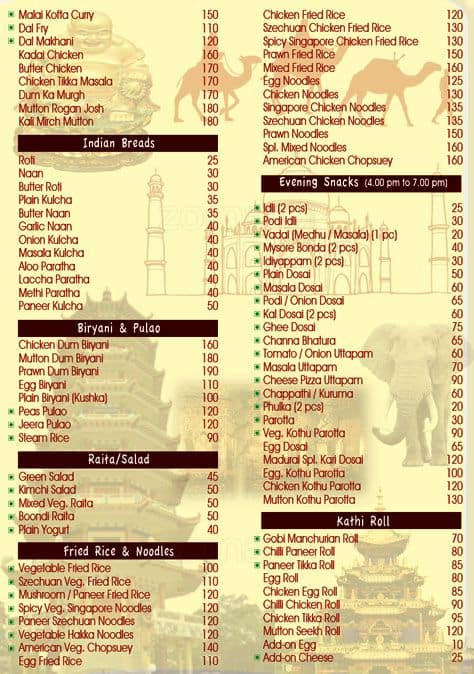 Menu at The Silk Road, Chennai