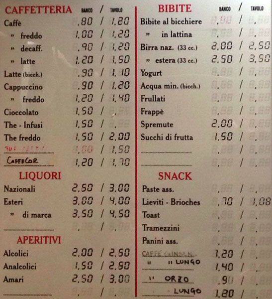 Menu di Bar Latteria 