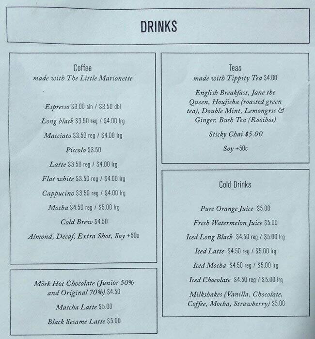 Menu at Black Star Pastry restaurant, Newtown, 277 Australia St