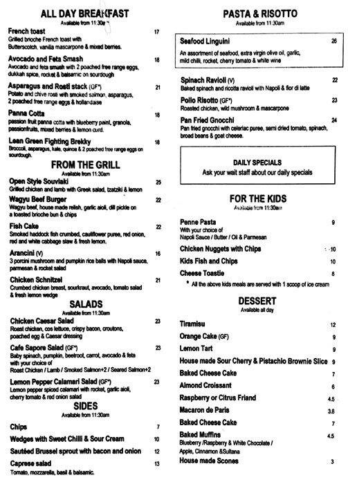 Cafe Sapore a Melbourne: Foto del Menu con Prezzi - Urbanspoon/Zomato