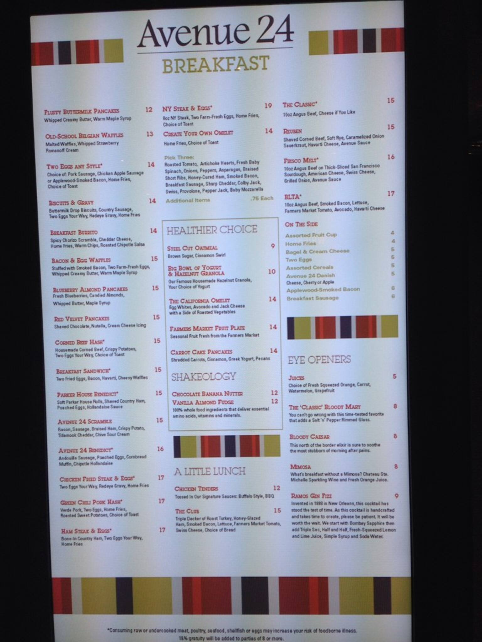 Menu at Avenue 24 At MGM Grand restaurant, Las Vegas