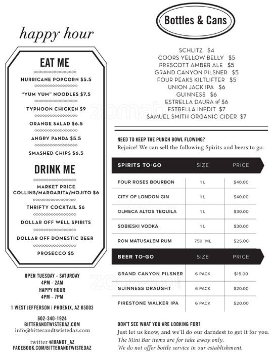 Menu at Bitter & Twisted pub & bar, Phoenix