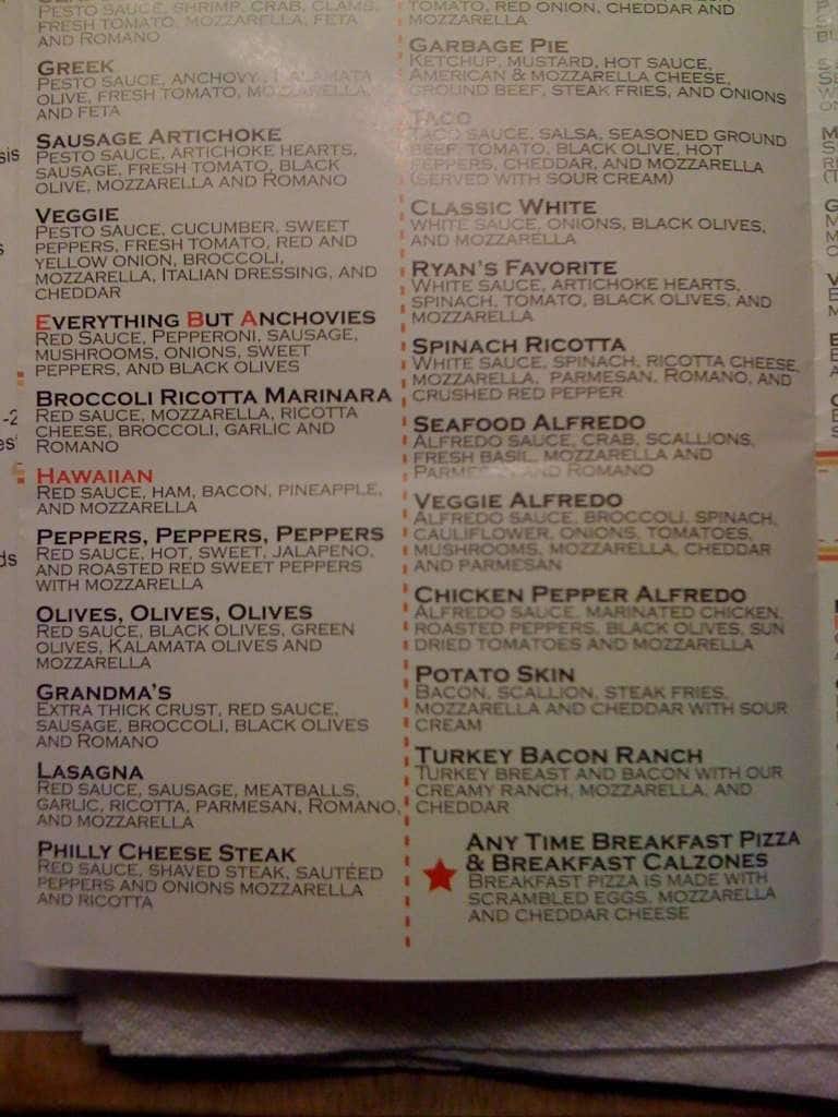 Carta de Pizzeria Americana